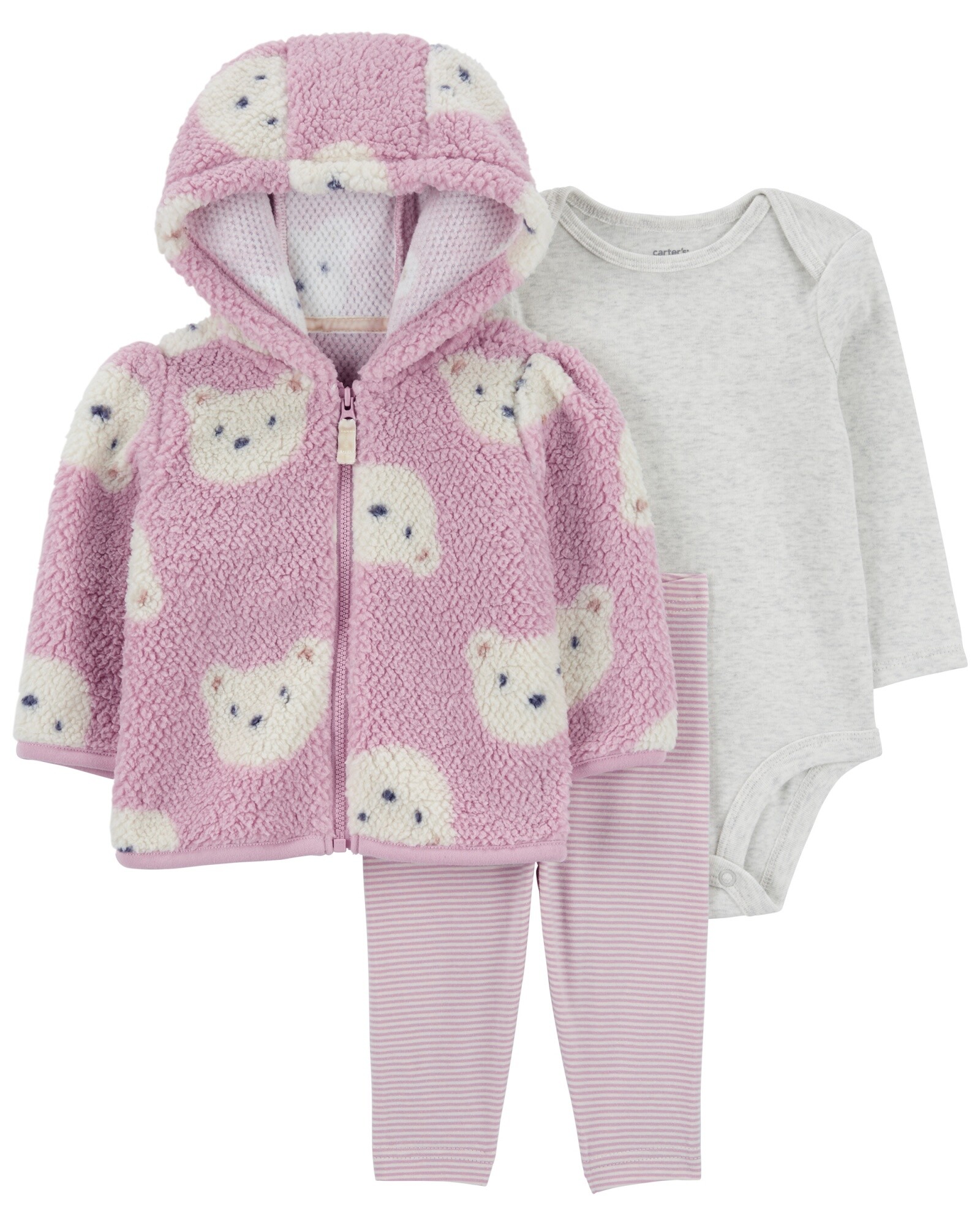 Set tres piezas, campera de sherpa, pantalón y body de algodón, diseño osos Sin color