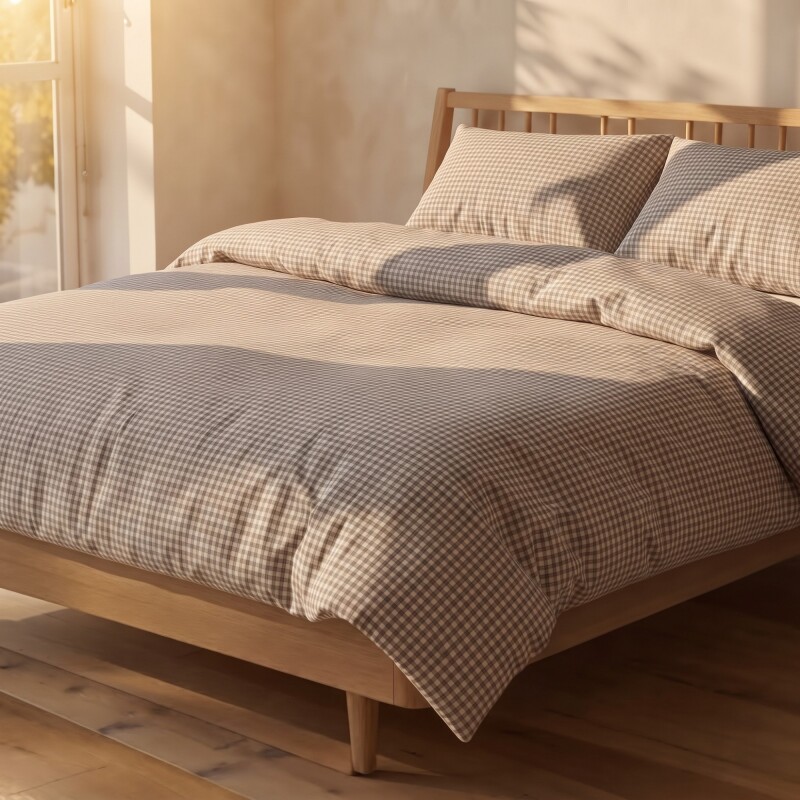 Funda nórdica de acolchado + 2 fundas de almohada de algodón Vichy Beige 2 plazas