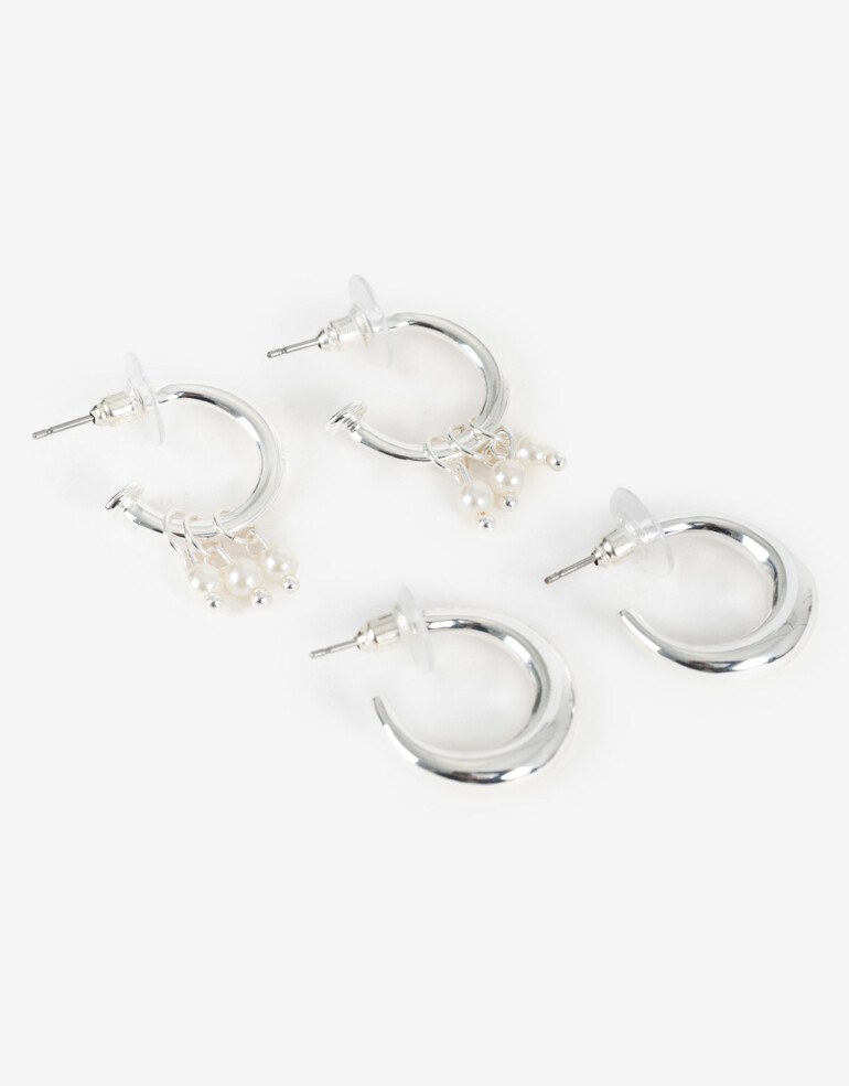 Aros Argollas Set Perlas Set De 2 Pares De Argollas De Metal Con Perla Bañado En Plata - Plateado