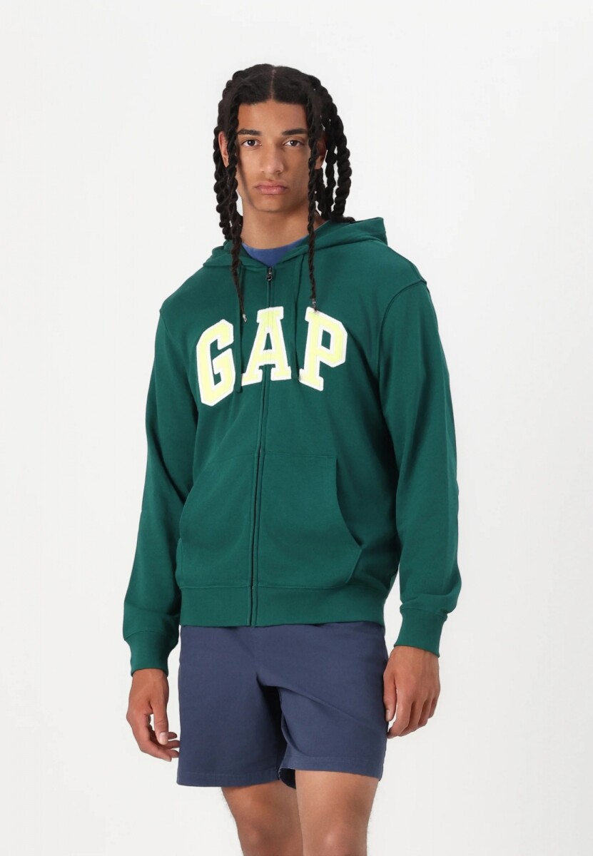 Buzo Canguro Con Cierre Sin Felpa Logo Gap Hombre - Rain Forest 19-5232 Tc 
