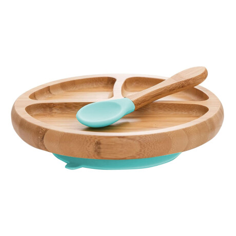 Plato con Separaciones y Cuchara Comida Bebé Madera Silicona Celeste