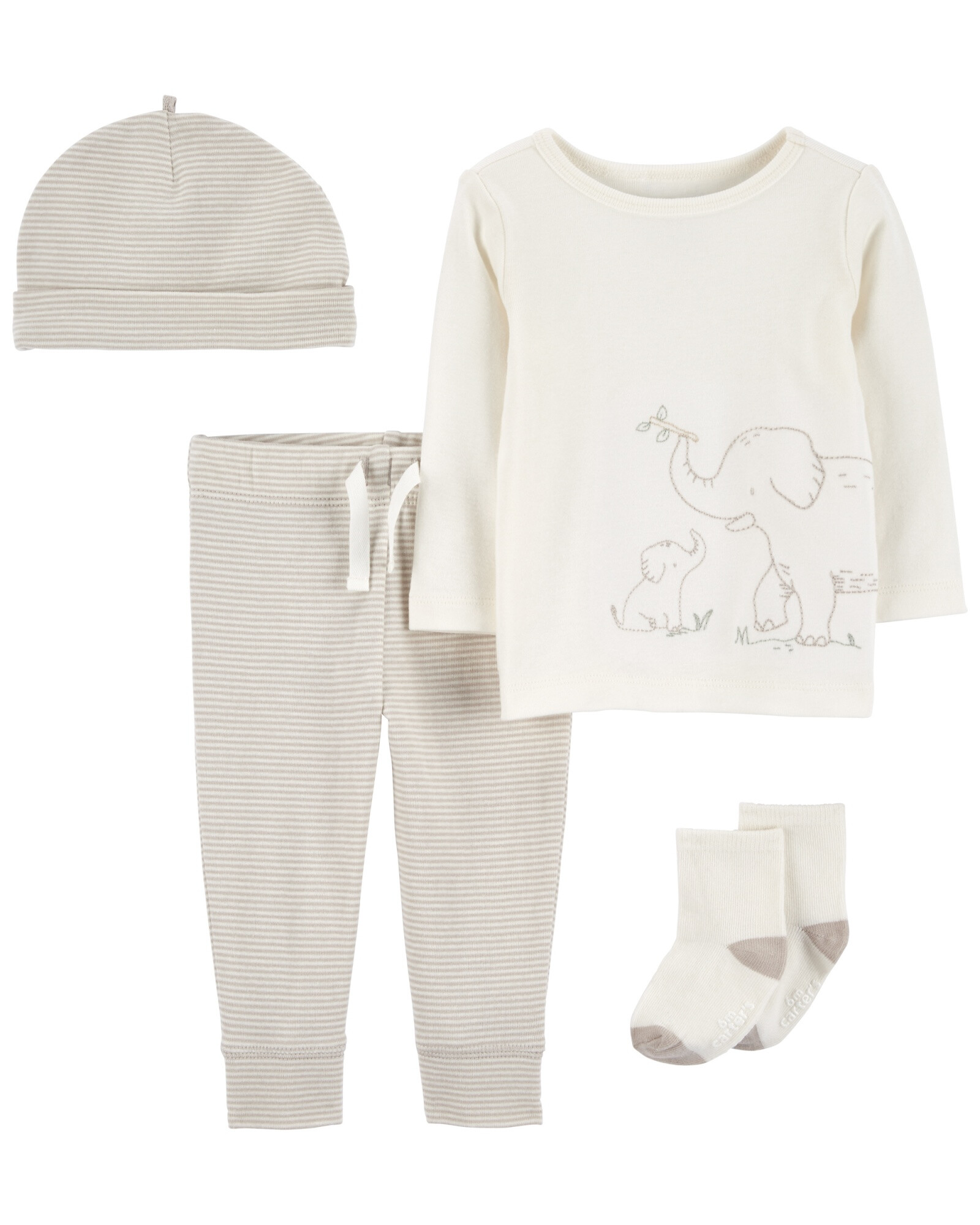 Set cuatro piezas de algodón, pantalón, remera, medias y gorro, diseño elefante Set cuatro piezas de algodón, pantalón, remera, medias y gorro, diseño elefante