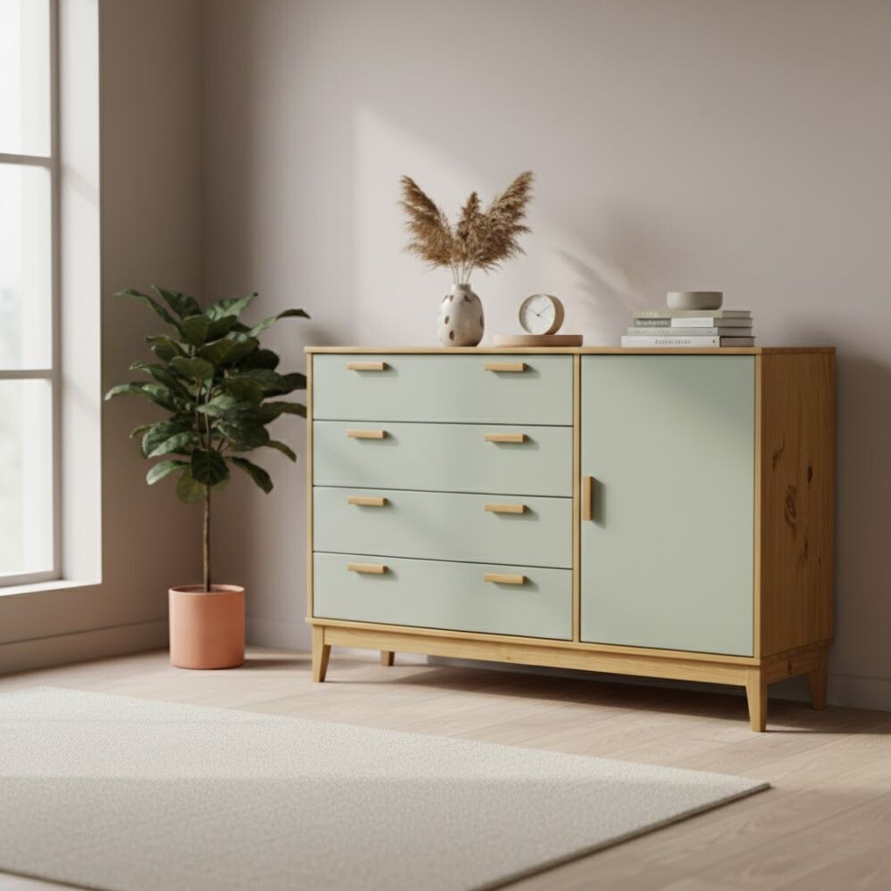 CÓMODA CAJONERA GUARDARROPA 4 CAJONES 1 PUERTA EN MADERA MACIZA VERDE