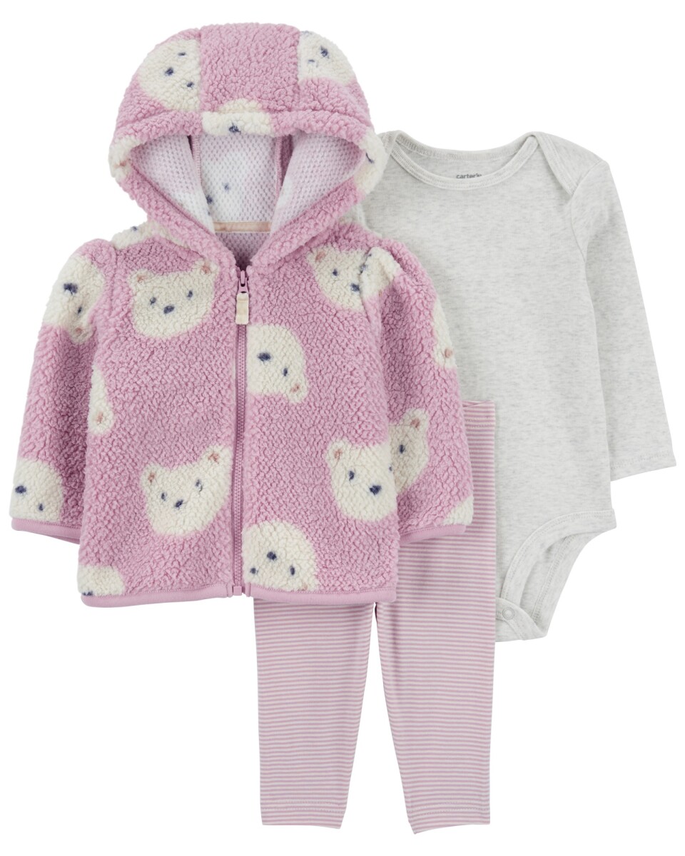 Set tres piezas, campera de sherpa, pantalón y body de algodón, diseño osos 