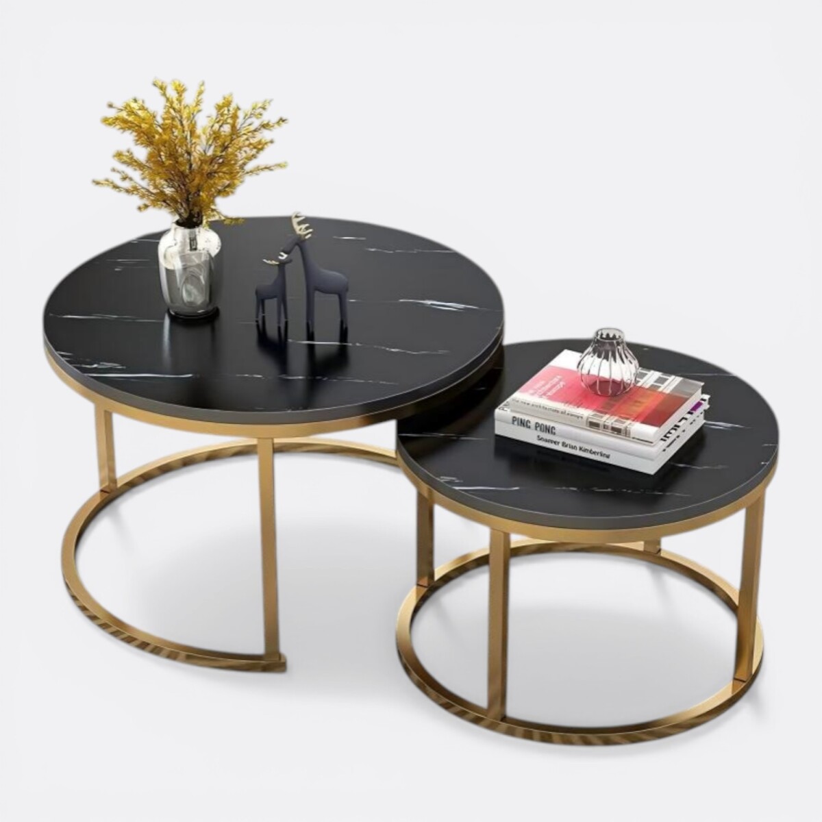 Set De Mesas Ratonas Circulares Nido Simil Marmol - Negro/Dorado 