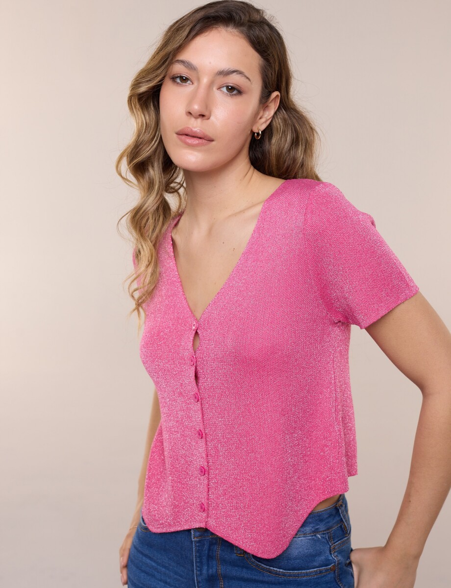 Cardigan Tejido Crop Con Brillo Y Escote V - Fucsia 