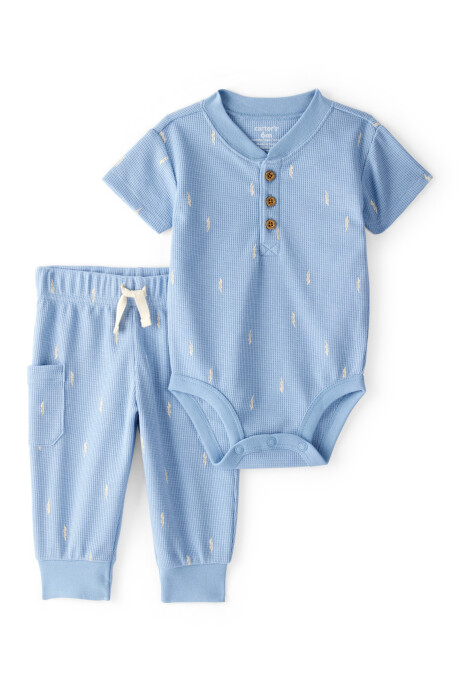 Set dos piezas de algodón térmico, pantalón y body, azul, diseño rayos Sin color