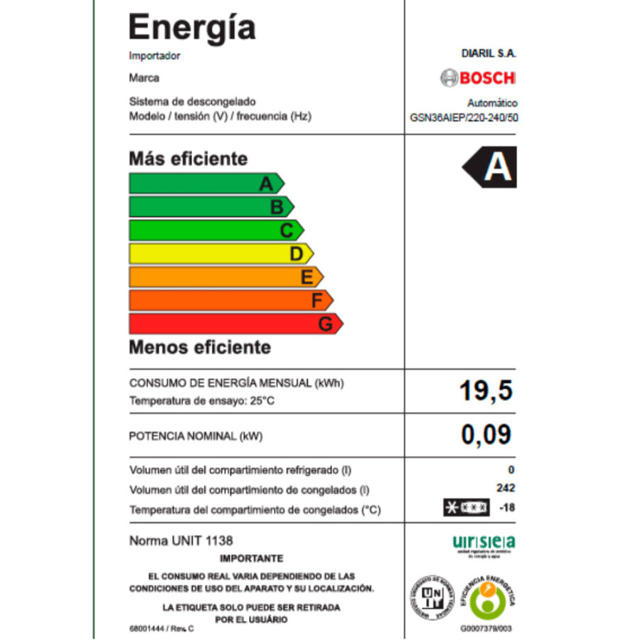 Freezer Bosch Vertical Libre Instalación Inox GSN36AIEP Freezer Bosch Vertical Libre Instalación Inox GSN36AIEP