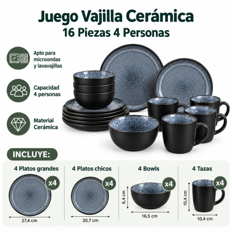 Juego Vajilla 16 Piezas Estilo Rústico Elegante Gris Gaspeado