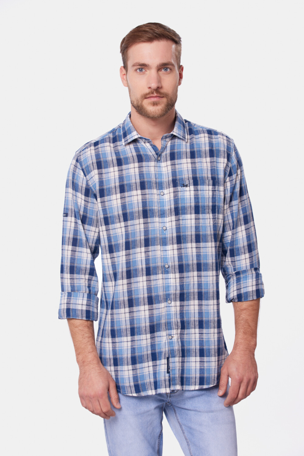 CAMISA DE LINO A CUADROS Azul