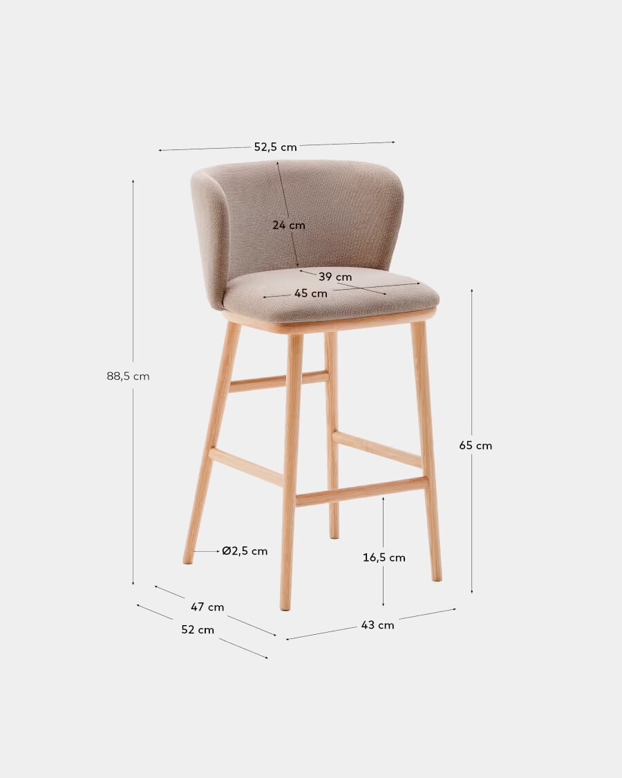 Taburete Ciselia chenilla marrón y madera maciza fresno acabado tono natural 65cm