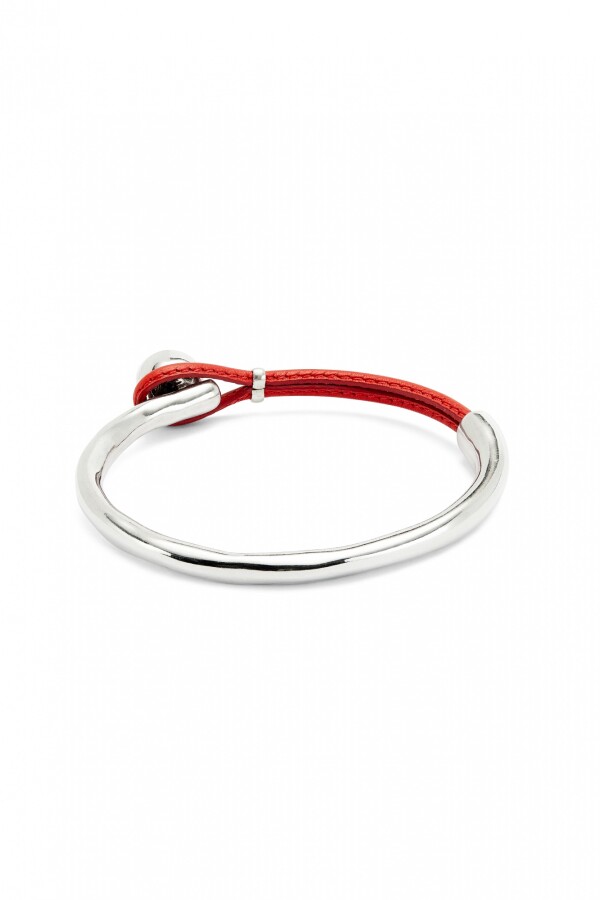 PULSERA SEMIRÍGIDA DE ALEACIÓN DE METALES BAÑADA EN PLATA DE LEY CON CUERO CORAL Pulsera