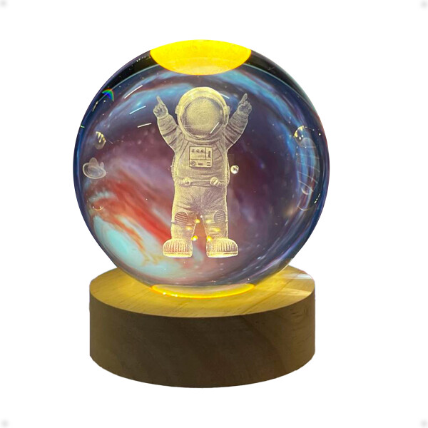 Lampara Veladora Bola de Cristal de 8 CM con Led y Base de Madera Astronauta