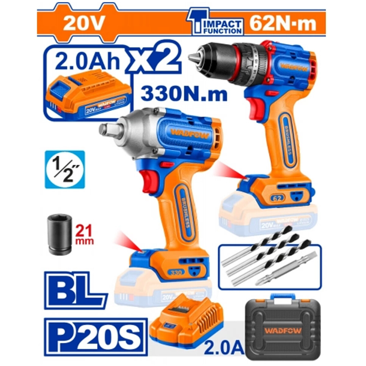 KIT COMBO A BATERIA 20V TALADRO ATORN. CON PERCUTOR 62NM + LLAVE IMPACTO 330NM 