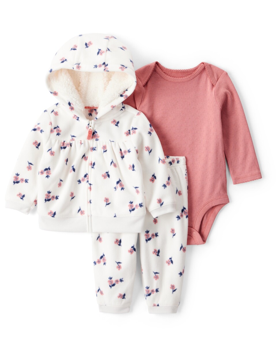 Set tres piezas, campera de micropolar, pantalón y body de algodón, diseño floral 