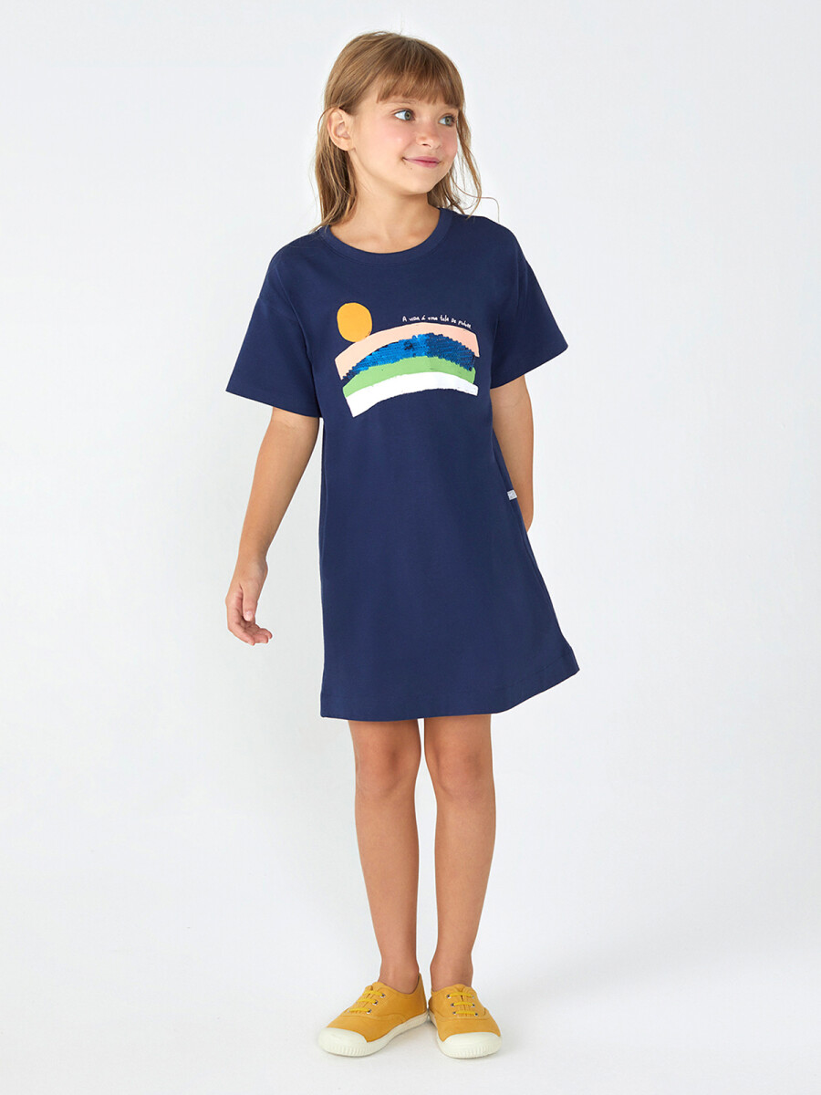 VESTIDO DE NIÑA CON ESTAMPA - AZUL OSCURO 