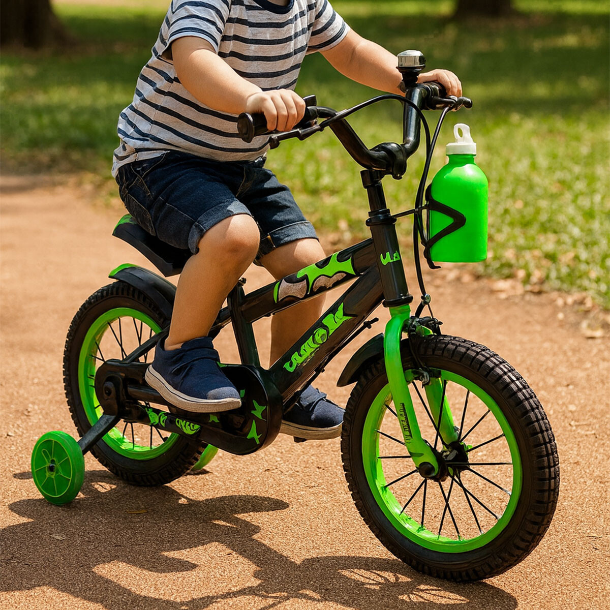 Bicicleta Infantil Rodado 12 Con Rueditas Auxiliares Y Portabotellas Blanco - Verde 
