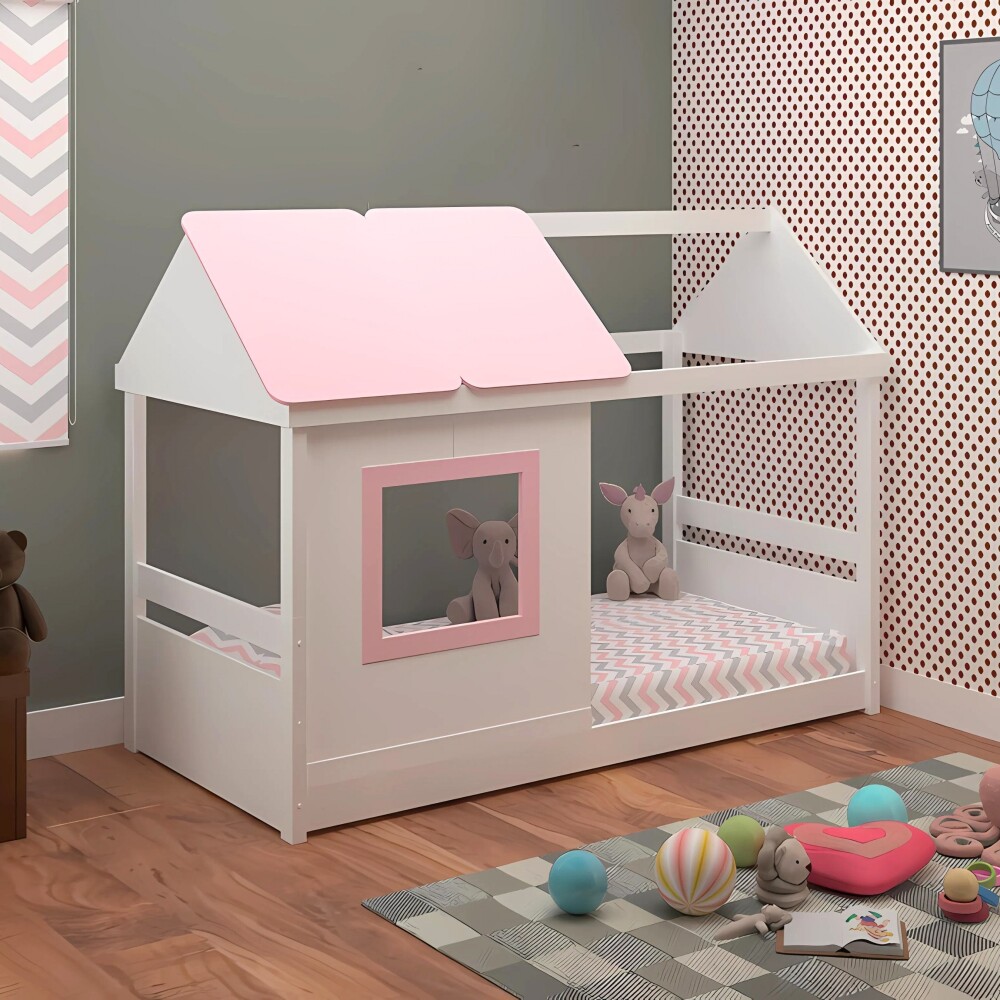 Cama Casita 1 Plaza - Tota B137 Blanco/Rosa
