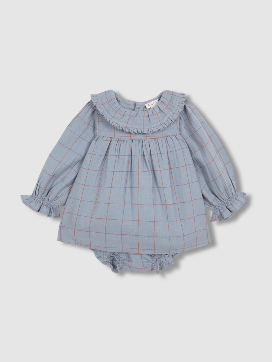 Vestido De Cuadros Con Cuello Volante Azul Viejo
