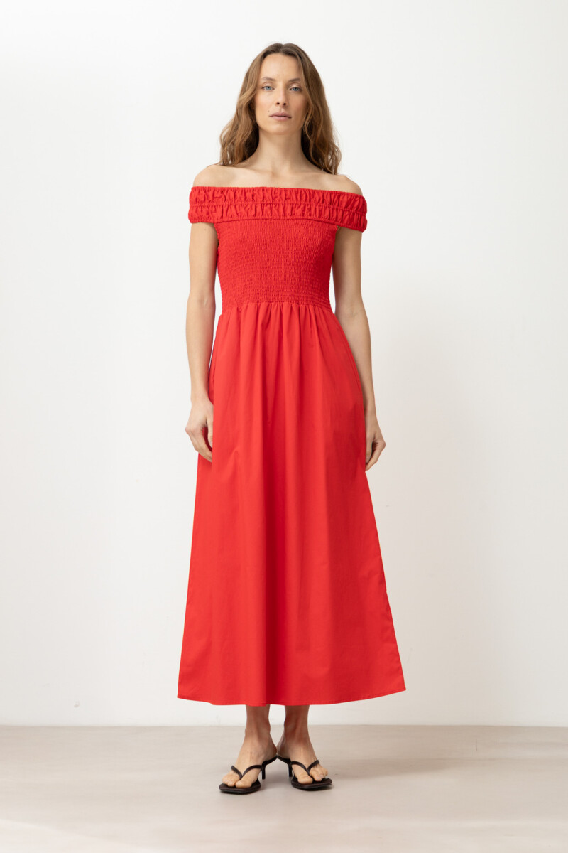 Vestido escote bardot con bolsillos rojo