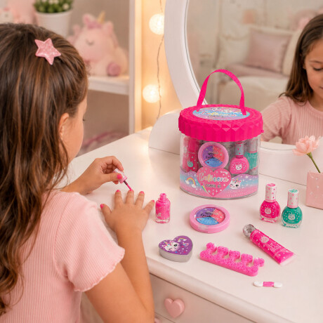 Kit Cosmética Manicura Pedicura Labial Sombra Esmalte p/Niña Gaticornio