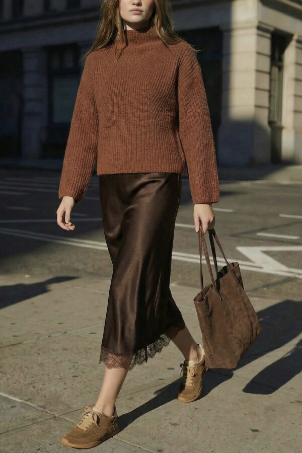 Falda Midi Satinada Chocolate