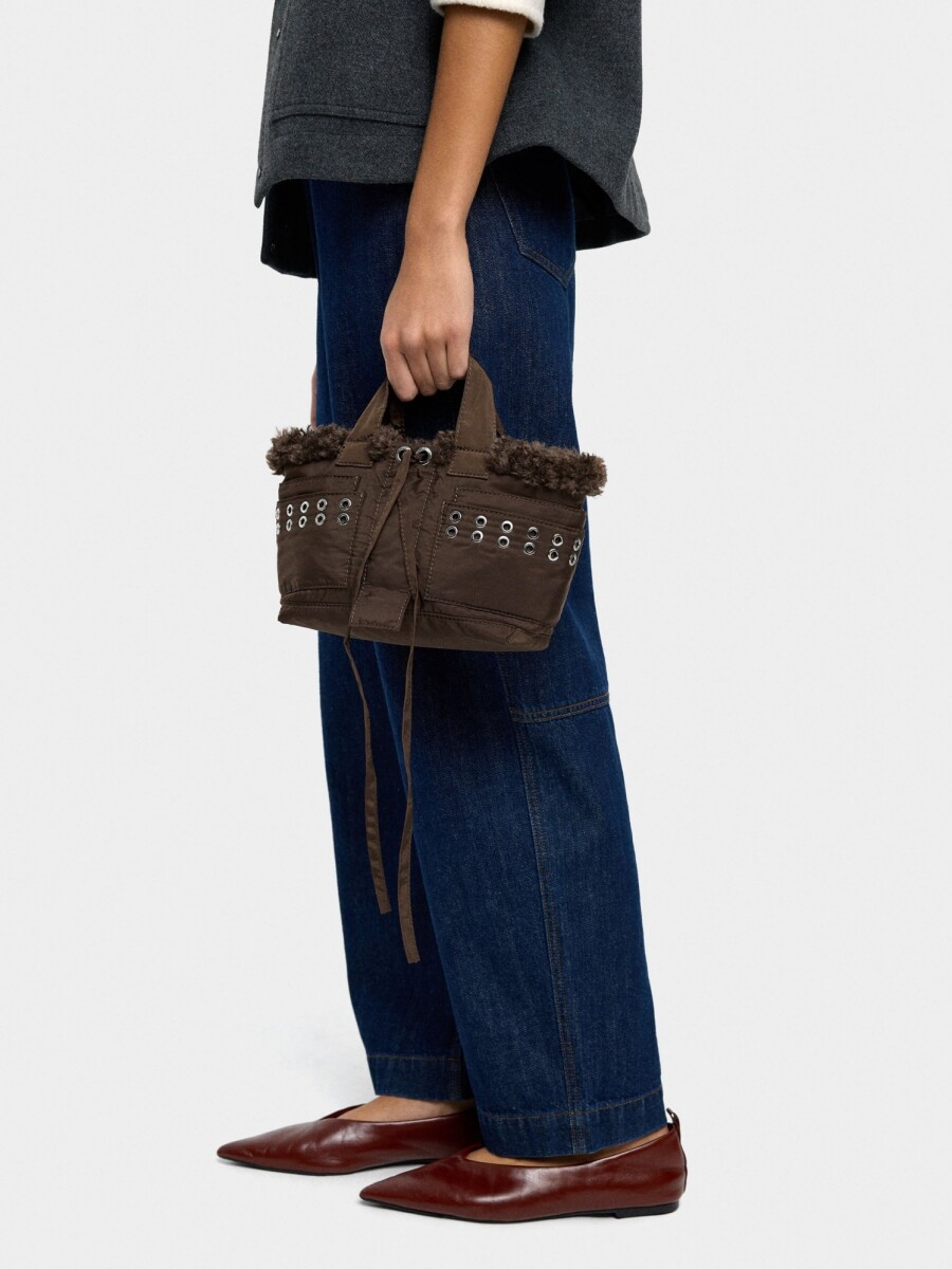 Bolso Tote De Nylon Borde Efecto Pelo marron