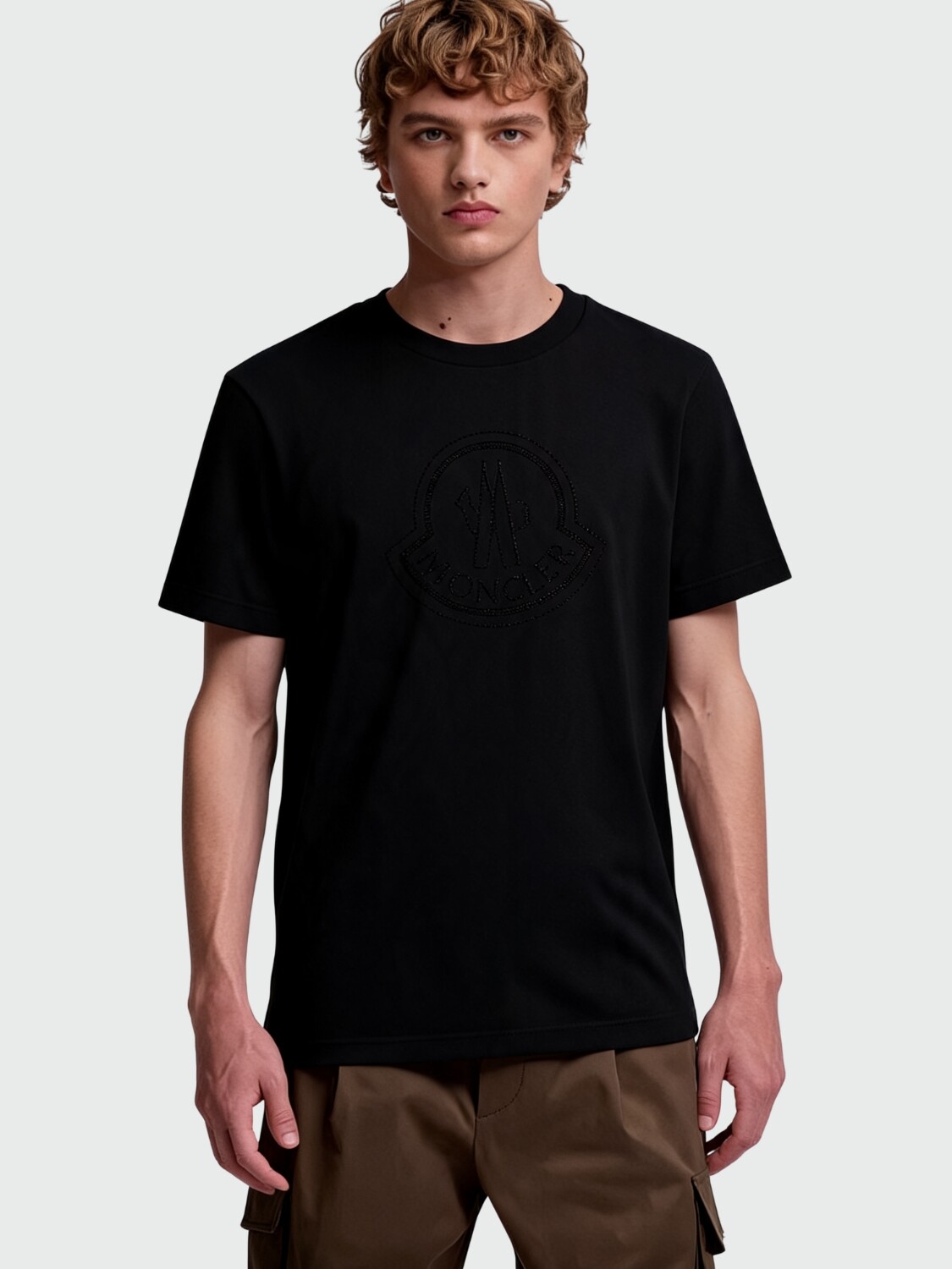 Moncler - Remera manga corta con logo con cristales Negro