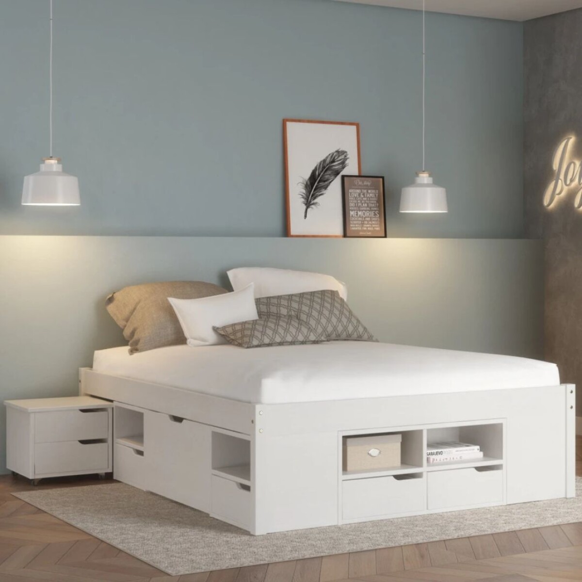 Cama 2 Plazas Con Cajones Charme Linea Funcional - Blanco 90 Robles 