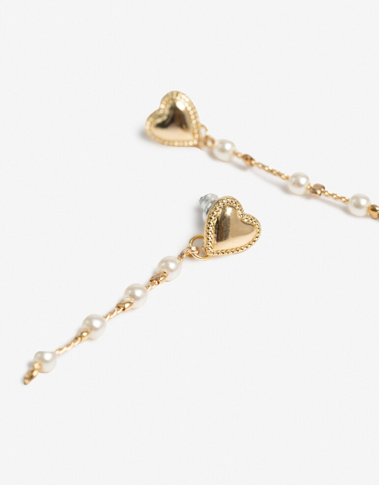 Aros Colgantes Largos Perlas Aros Colgantes Corazón Y Perlas - Dorado