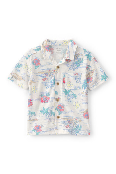 Camisa de algodón, manga corta, gris, diseño tropical Camisa de algodón, manga corta, gris, diseño tropical