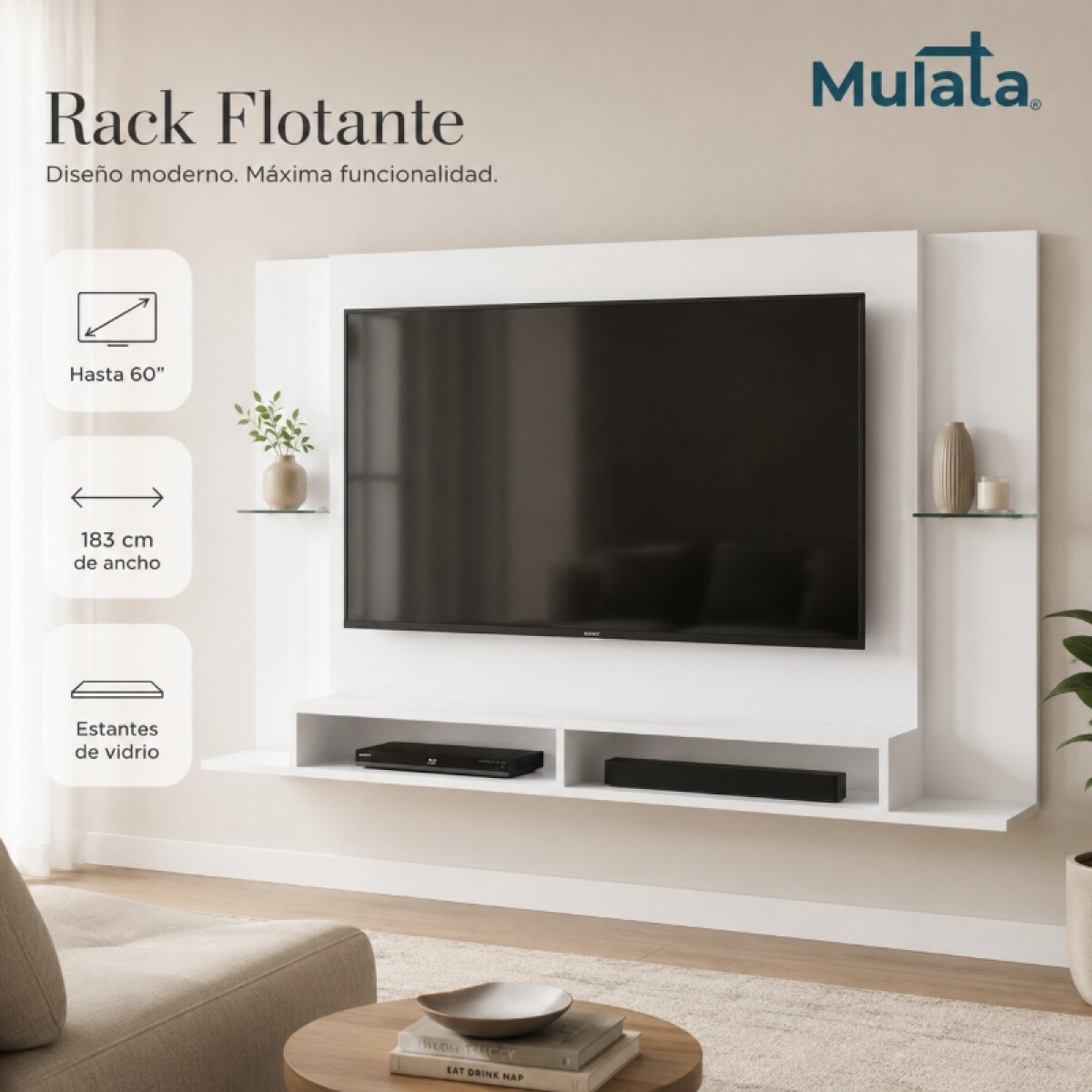 Rack Flotante Tv 60 Pulgadas Blanco - Con Estantes De Vidrio Y Pasacables 