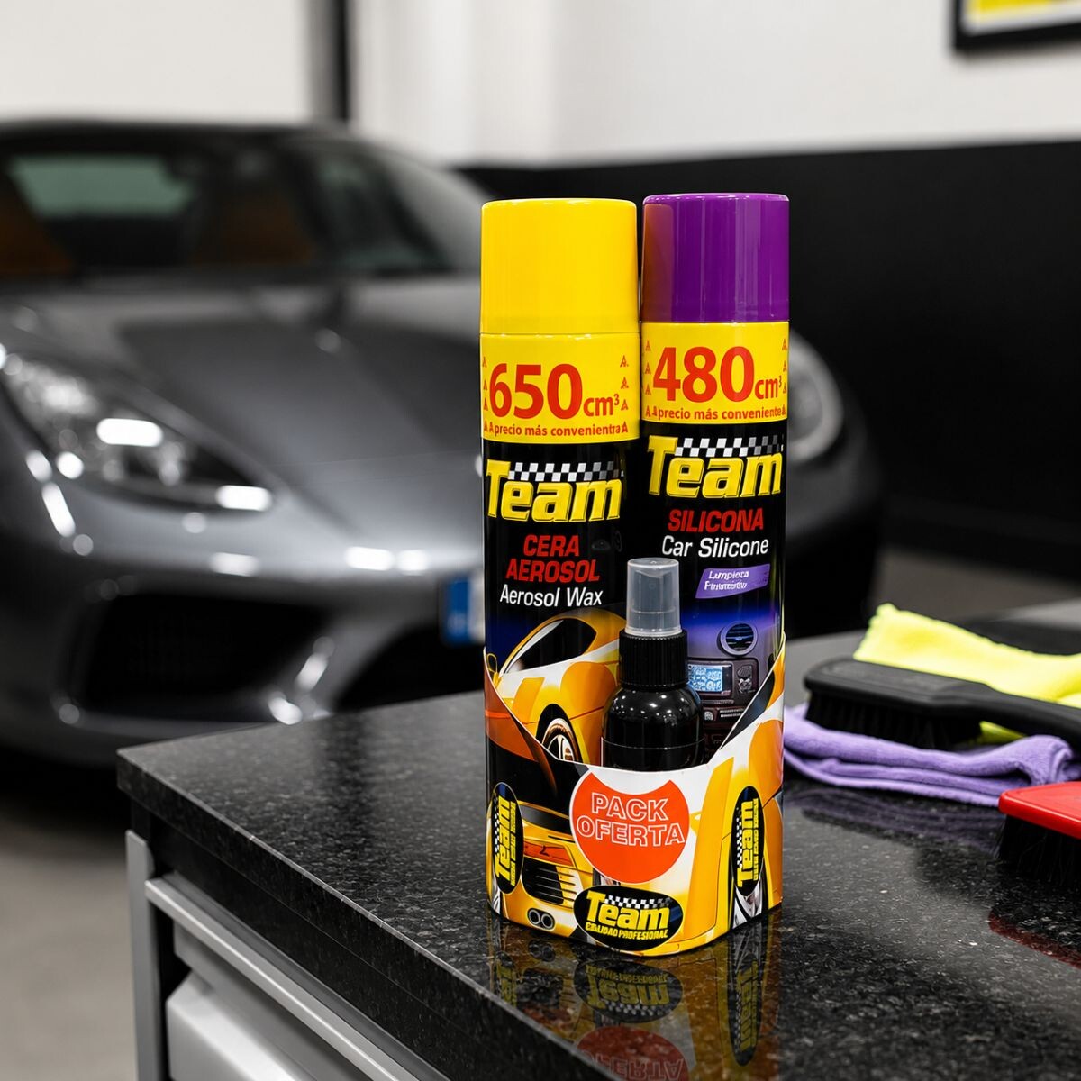 KIT DE CERA EN AEROSOL + SILICONA + PERFUMADO PARA AUTO TEAM Kit De Cera En Aerosol + Silicona + Perfumado Para Auto Team