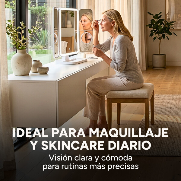 Espejo De Maquillaje Luz Led Triple Panel Aumento 2x 3x USB Blanco