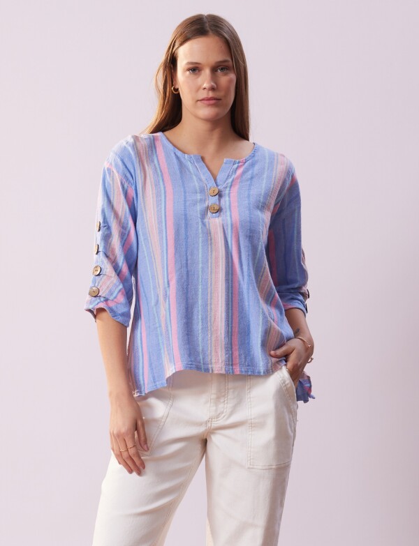 Blusa Algodon Botones MULTI/CELESTE