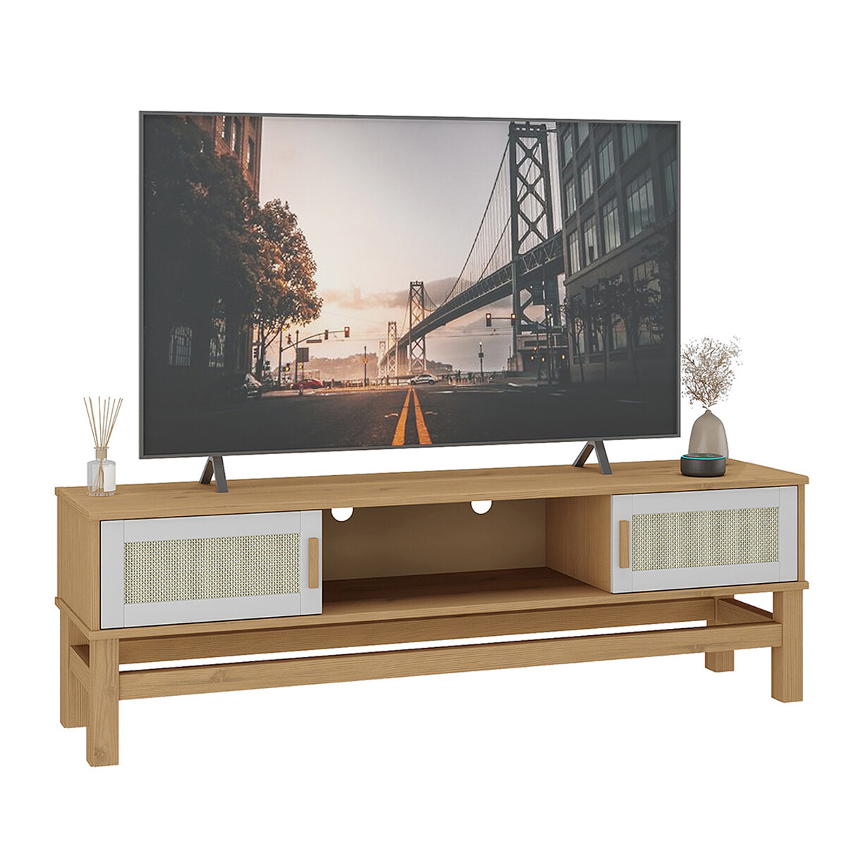 RACK APARADOR PARA TV 2 PUERTAS CON ESPACIO EN MADERA MACIZA CON RATAN 