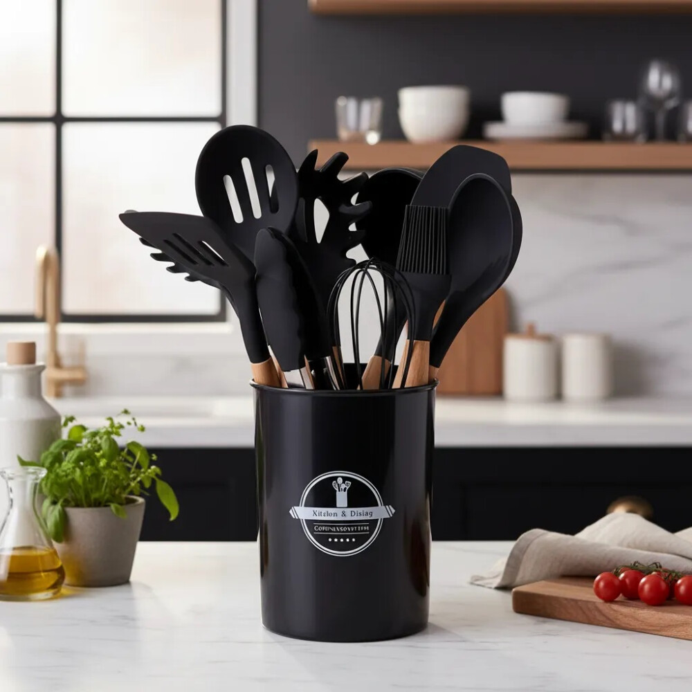 Set De Menage, 11 Utensillos De Cocina Con Soporte NEGRO