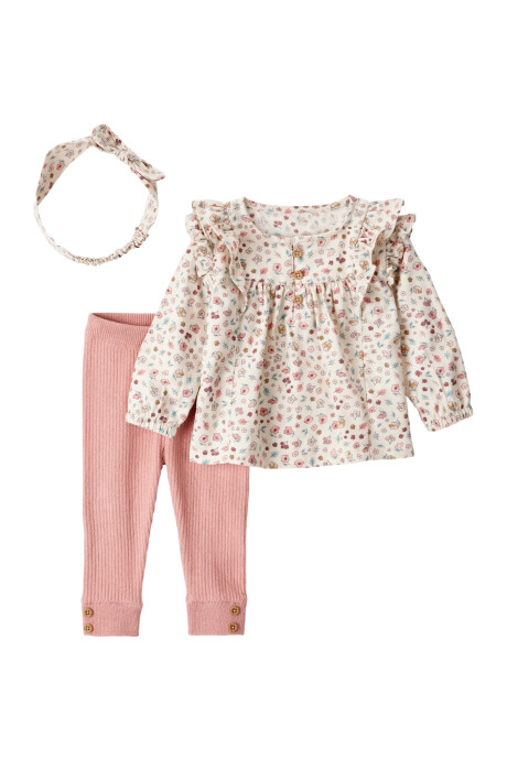 Set tres piezas de algodón, pantalón, blusa y vincha, diseño floral Sin color