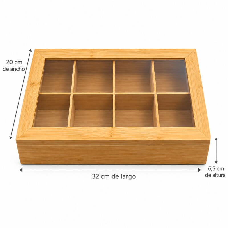 Caja para Sobres de Te con 8 Divisiones de Bamboo 32x20xh6.5cm Caja para Sobres de Te con 8 Divisiones de Bamboo 32x20xh6.5cm