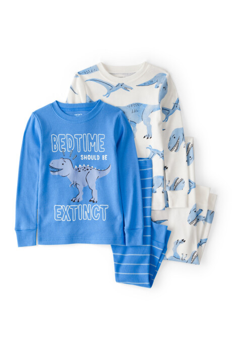 Pijama cuatro piezas de algodón, dos remeras manga larga y dos pantalones, diseño dinos Sin color