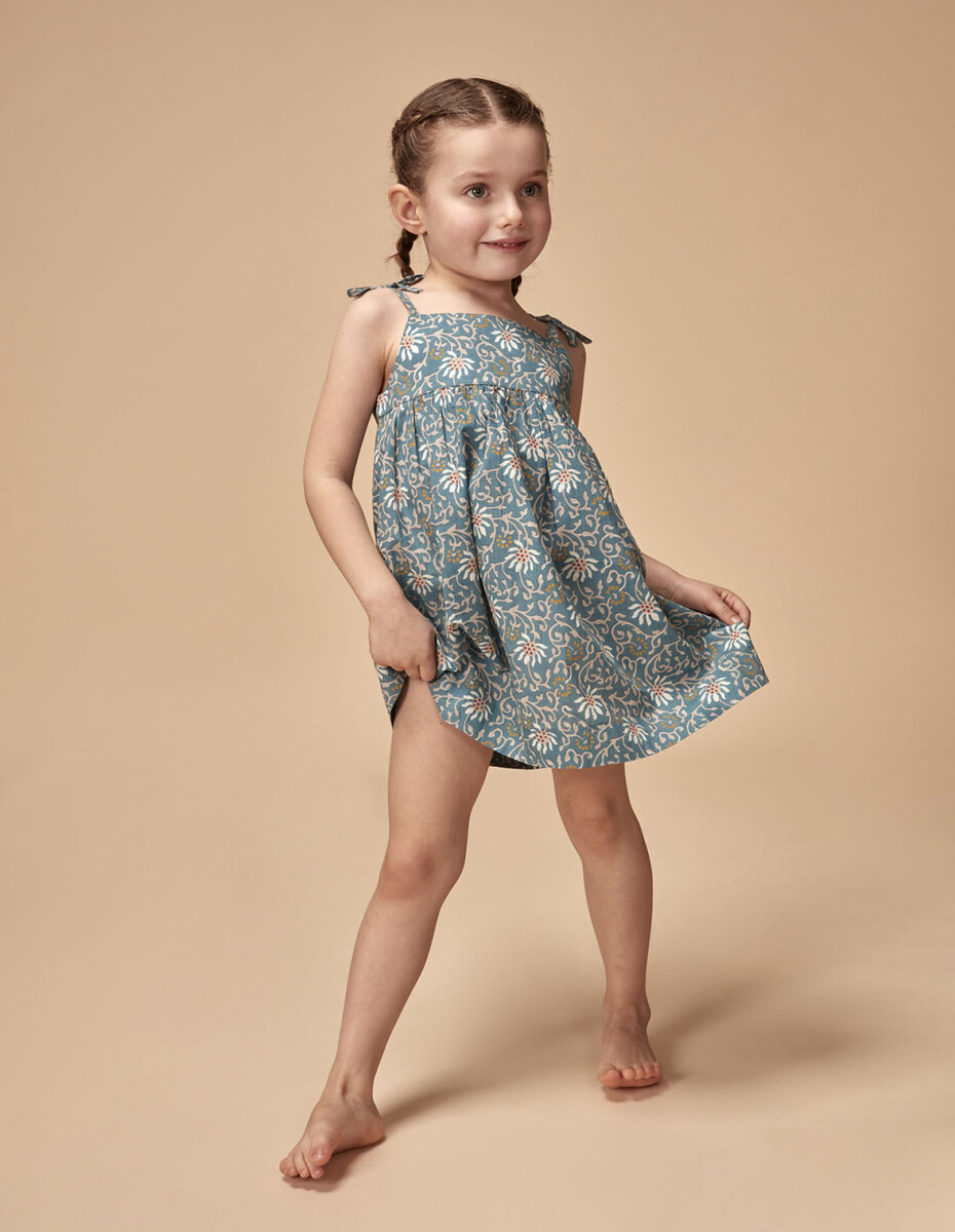 Vestido Talle Alto Con Estampado De Flor - Azul Pato 