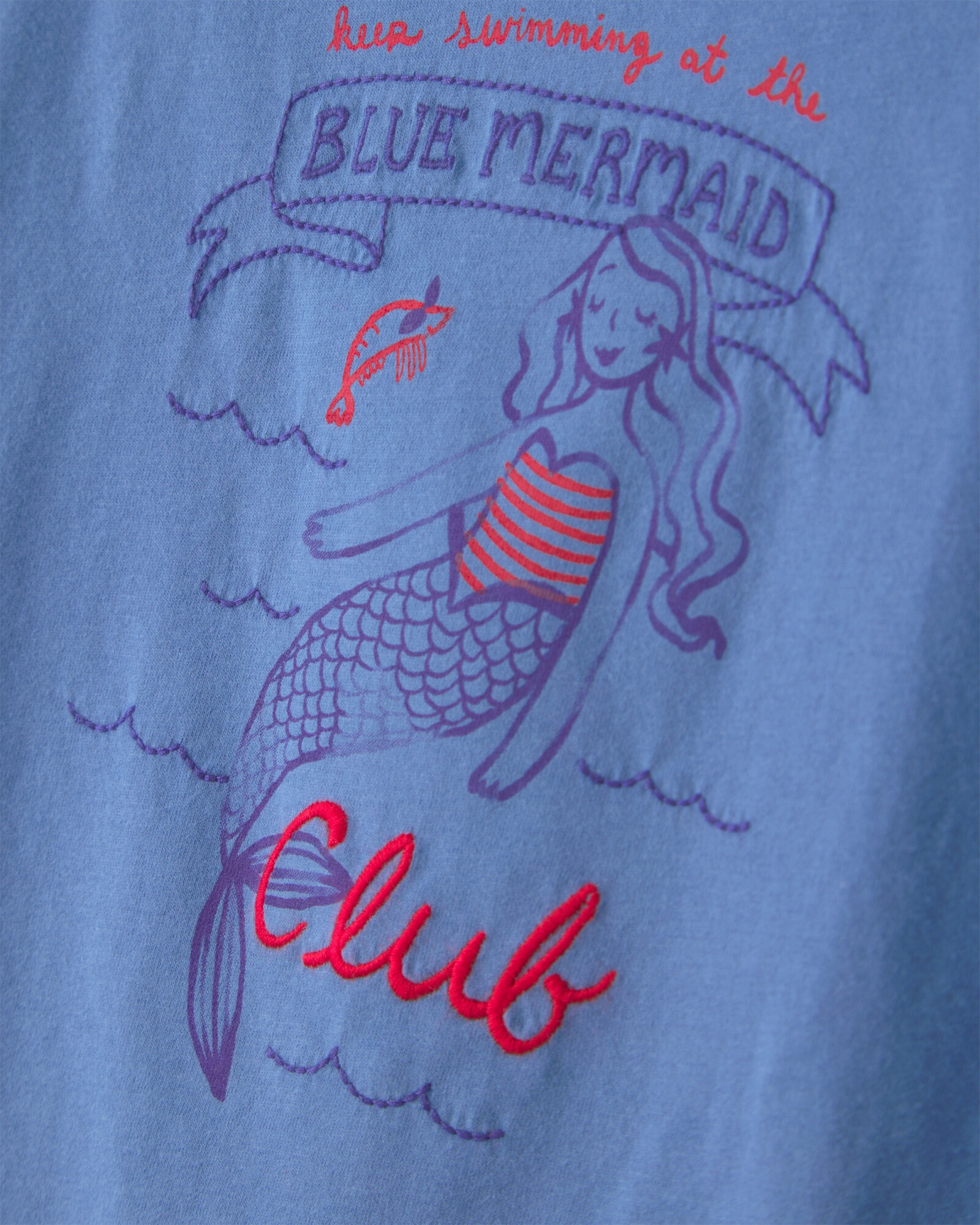 Remera de algodón, manga corta, azul, estampa sirena Sin color