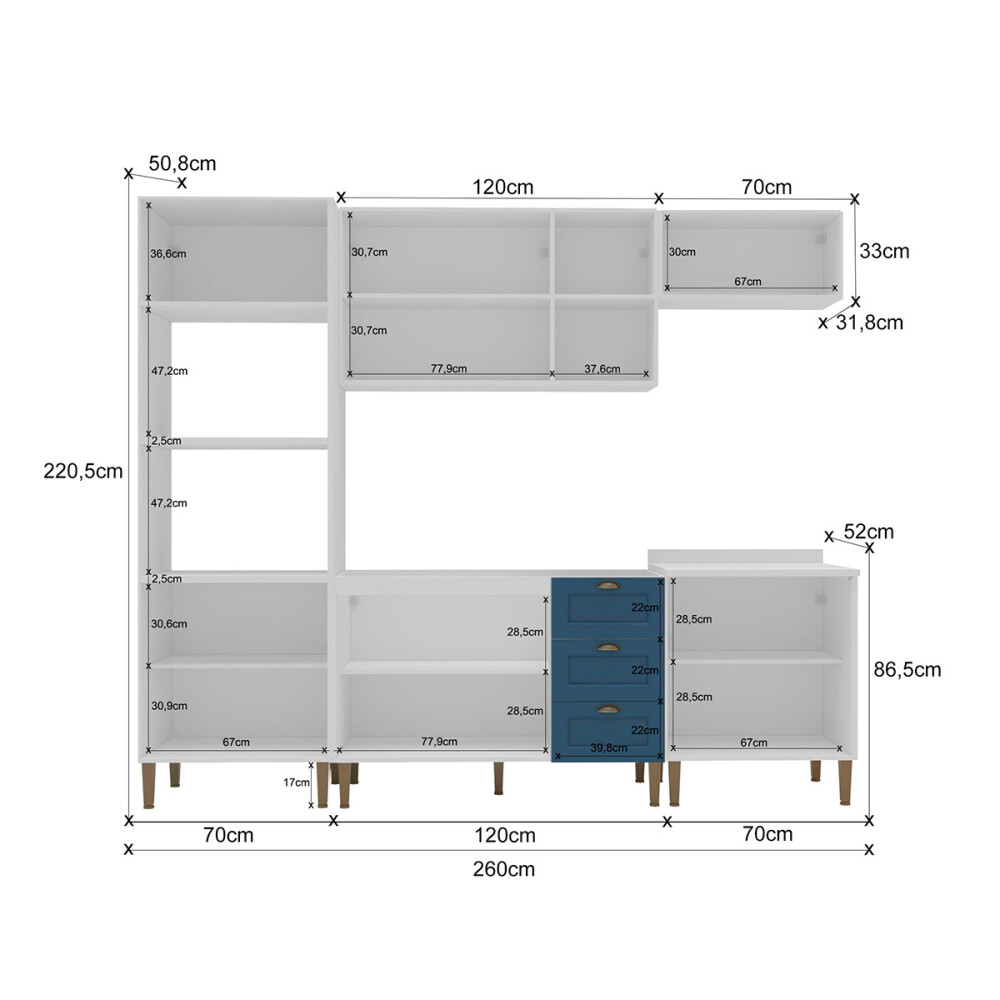 KIT DE COCINA MODELO LAVANDA 5 MÓDULOS CON PUERTA DE VIDRIO BLANCO/AZUL ROYAL Kit De Cocina Modelo Lavanda 5 Módulos Con Puerta De Vidrio Blanco/azul Royal