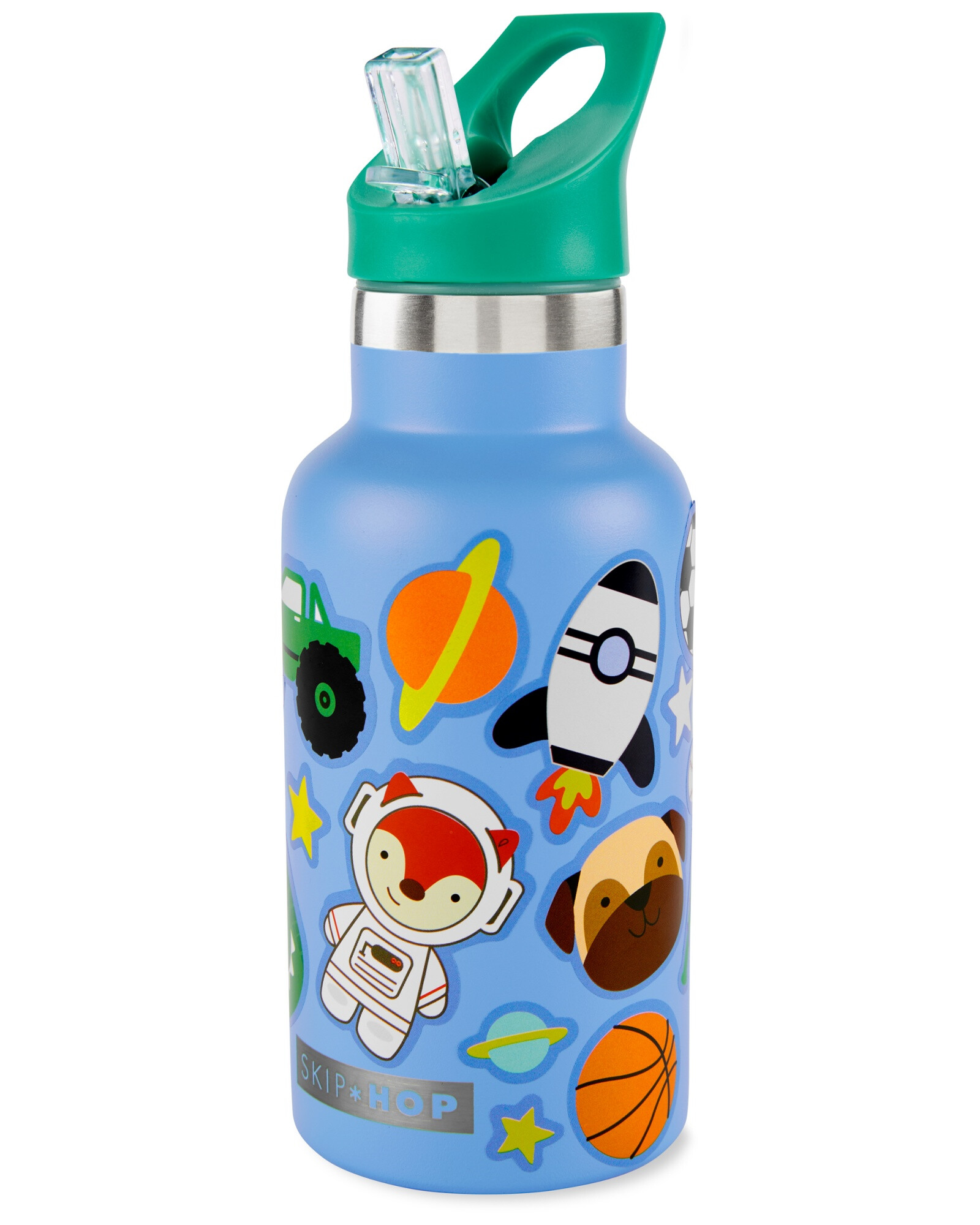 Botella de acero inoxidable con sorbito y stickers, azul Botella de acero inoxidable con sorbito y stickers, azul
