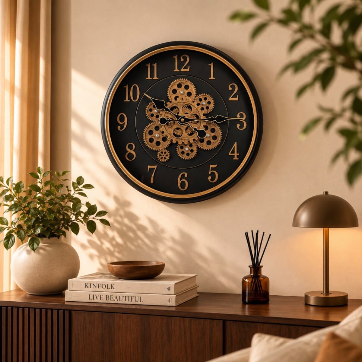 Reloj de Pared Industrial Negro con Engranajes Dorados- Ø 40cm 