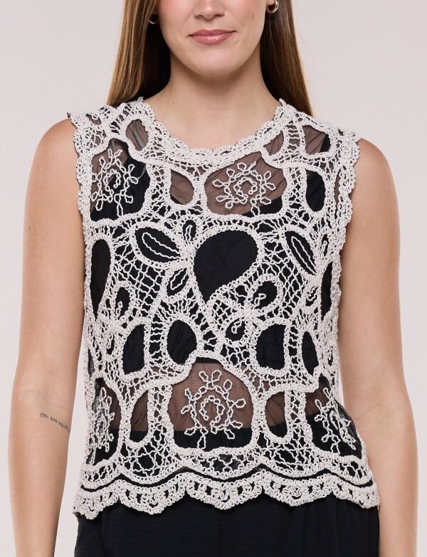 Blusa Musculosa Crochet Calada NEGRO/BEIGE