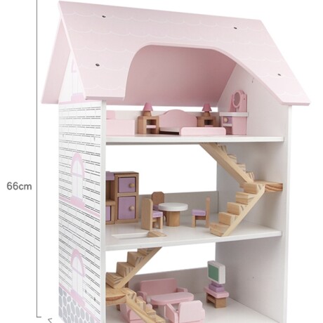 Casita de muñecas de madera con techo rosa - 3 pisos 001