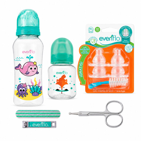 Set Evenflo 2Mamaderas 120/240ml +Estuche Manicure +4Tetinas Turquesa