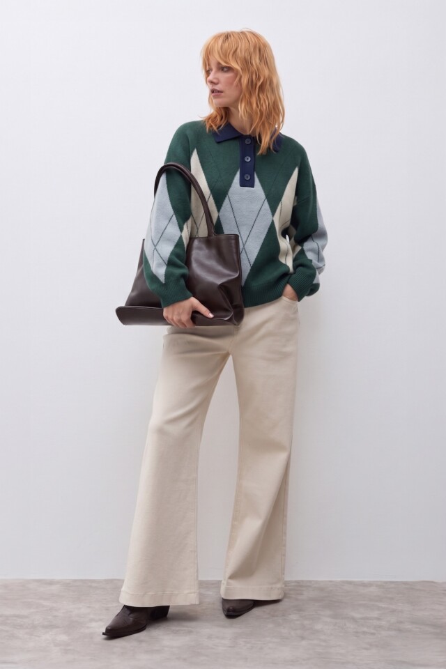 Sweater rombos cuello polo verde ingles