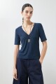 Remera lurex escote V azul marino
